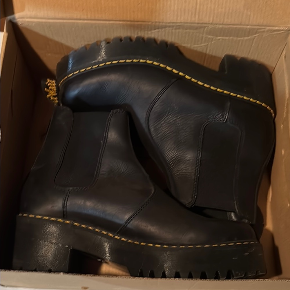 Doc Marten Black Leather Ankle Boots with Yellow Stitching